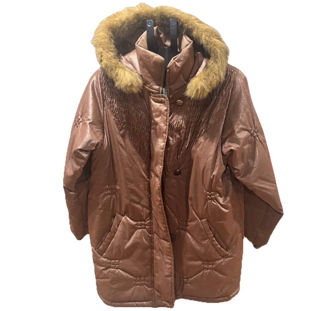 Vintage Women's Quilted Puffer Coat Mid Length Fur Lined Hood Iridescent Bronze